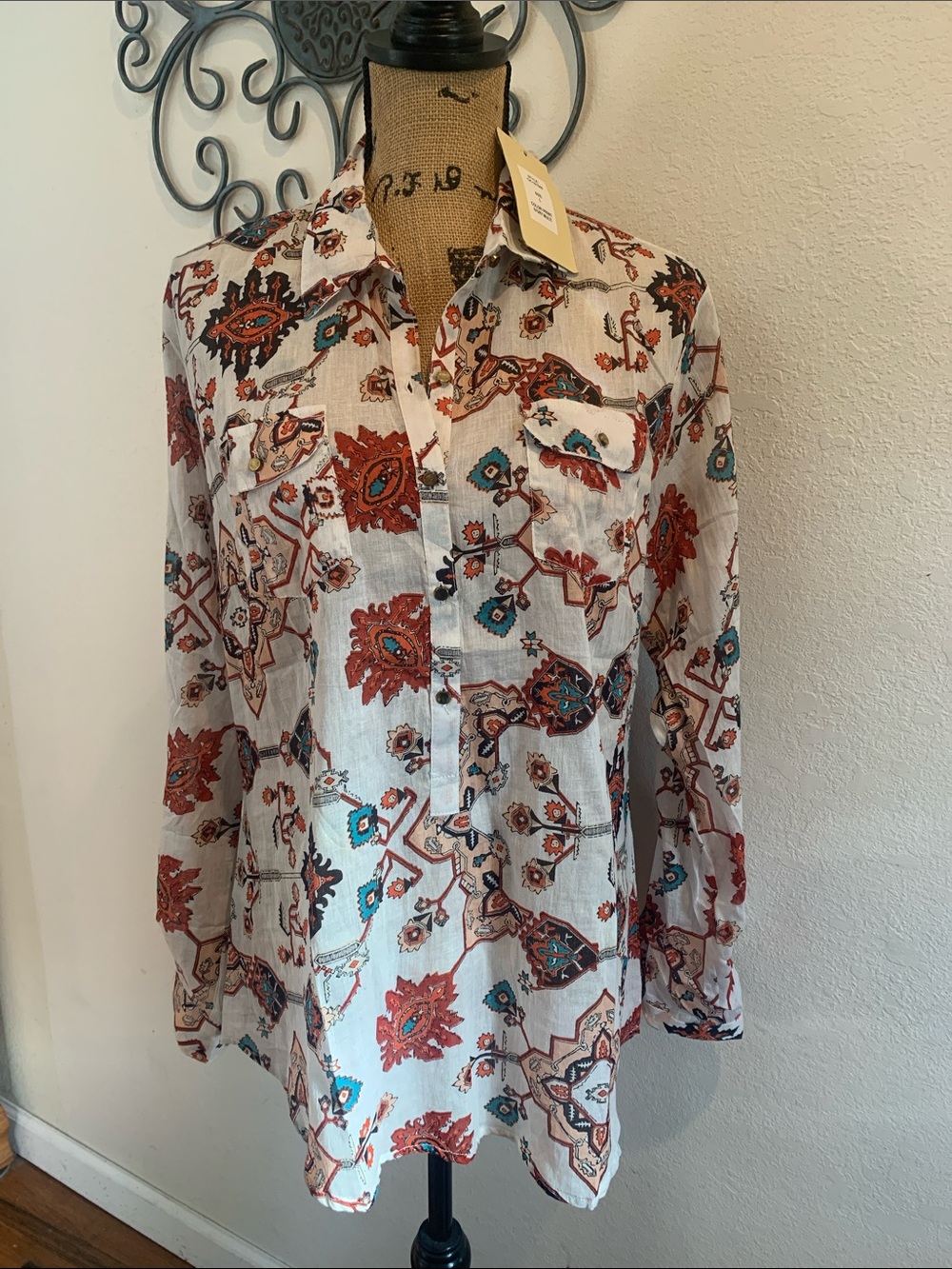 Bohemian Floral Button-Front Blouse in White, Rust & Teal